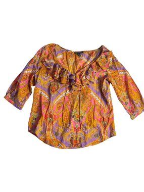 Lauren Ralph Lauren Paisley Print 3/4 Sleeve Cotton Ruffle Boho Blouse P/L New